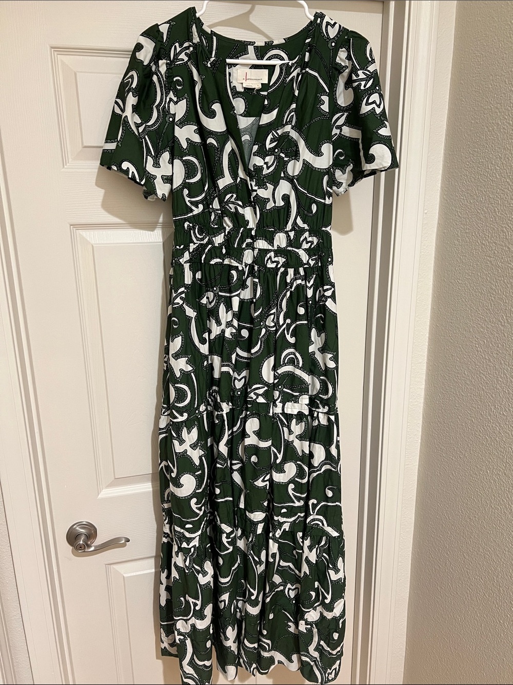 Anthropologie Somerset Dark Green and White Printed Maxi Dress